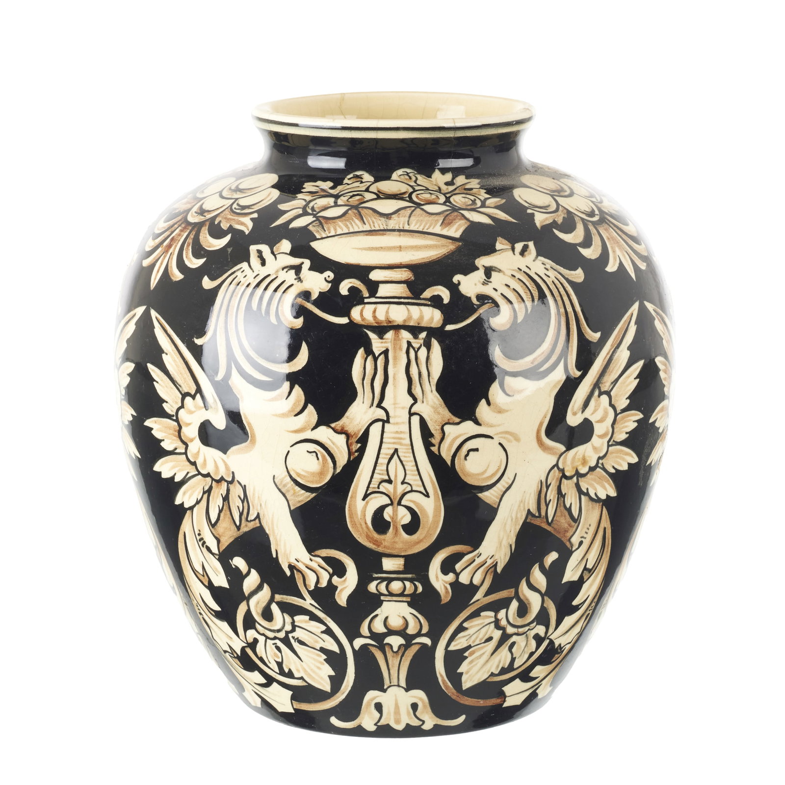 ALELUIA - Neo-classical pot: Manufactured by Aleluia, Aveiro, c. 1930/40, with a bulbous shape and polychrome decoration featuring classical grotesques and plant motifs. Marked. Signs of use. Dim.: 18cm.