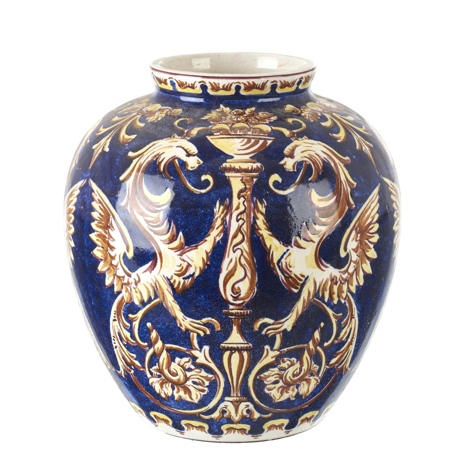 ALELUIA - Neo-classical pot: Manufactured by Aleluia, Aveiro, c. 1930/40, with a bulbous shape and polychrome decoration featuring classical grotesques and plant motifs. Marked. Signs of use. Dim.: 18cm.