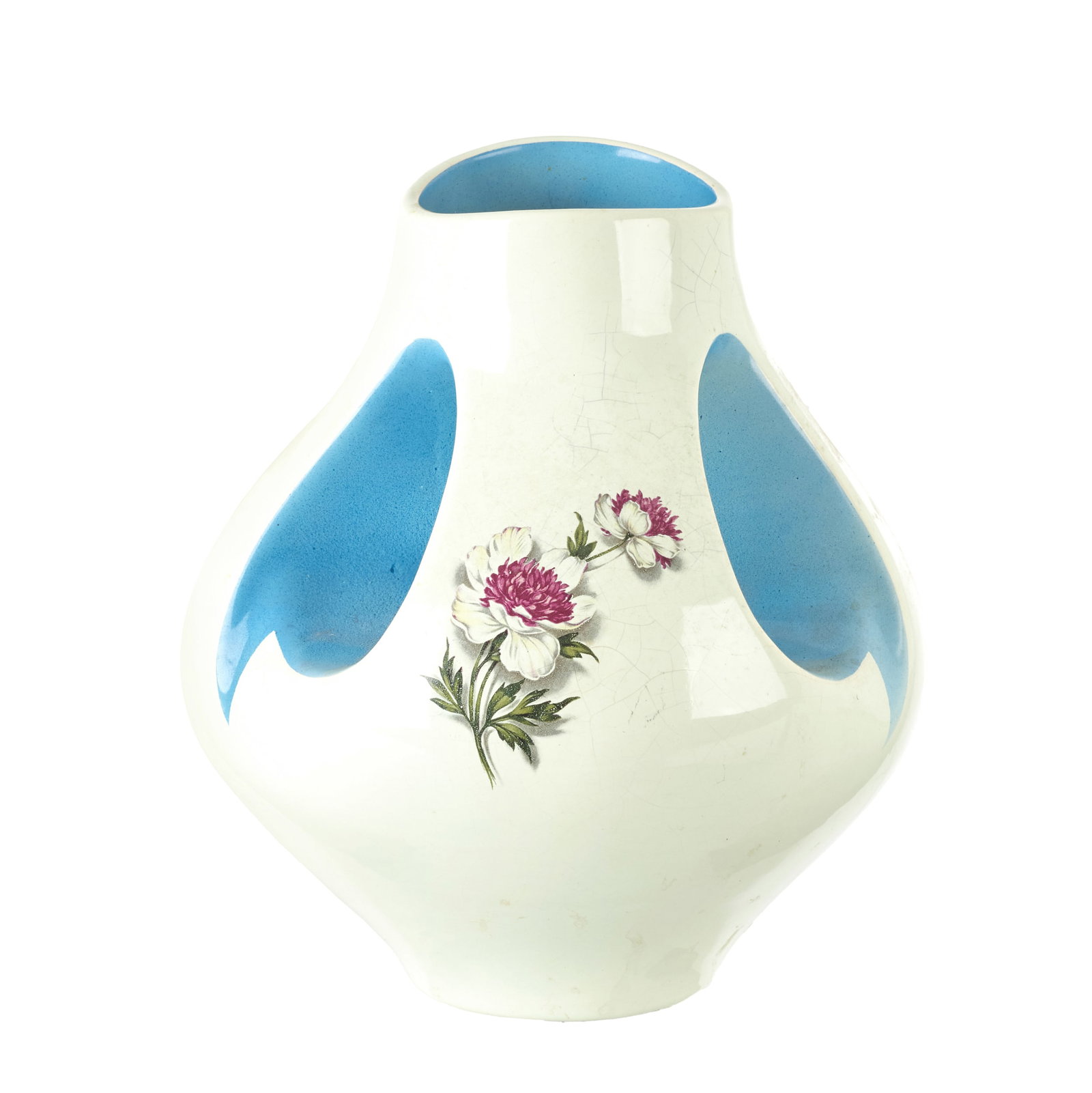 ALELUIA - Large 'Flowers' vase: Manufactured by Aleluia, Aveiro, c.1950, polychrome glazed decoration featuring floral motifs; body with openwork handle. Marked. Signs of use. Dim.: 22.5cm.