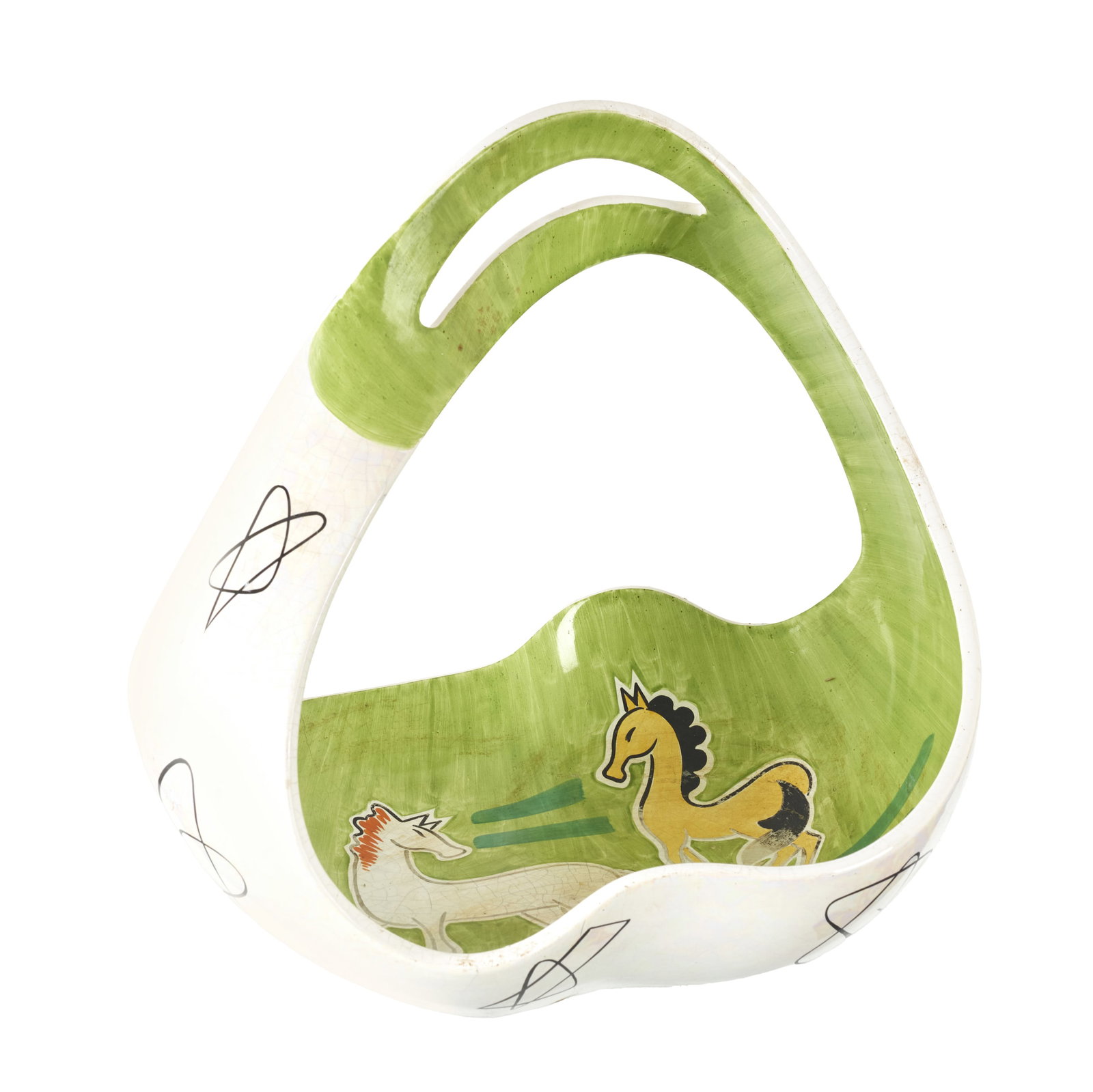 ALELUIA - 'Horses' Fruit Bowl: Manufactured by Aleluia, Aveiro, c.1950/60, polychrome glazed decoration depicting horses. Signs of use, craquelure, minor flaws. Dim.: 25x30x22cm.