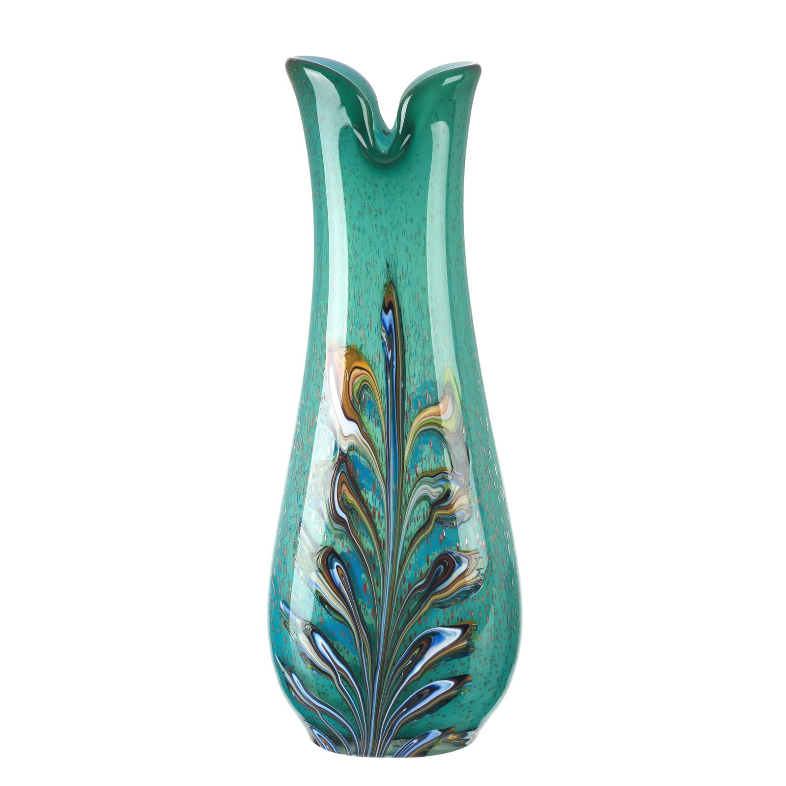 MURANO - glass vase: Italy, c. 1970-80, in emerald-green blown glass, with polychrome decoration imitating bird plumage. Signs of use. Dim.: 43.5 cm