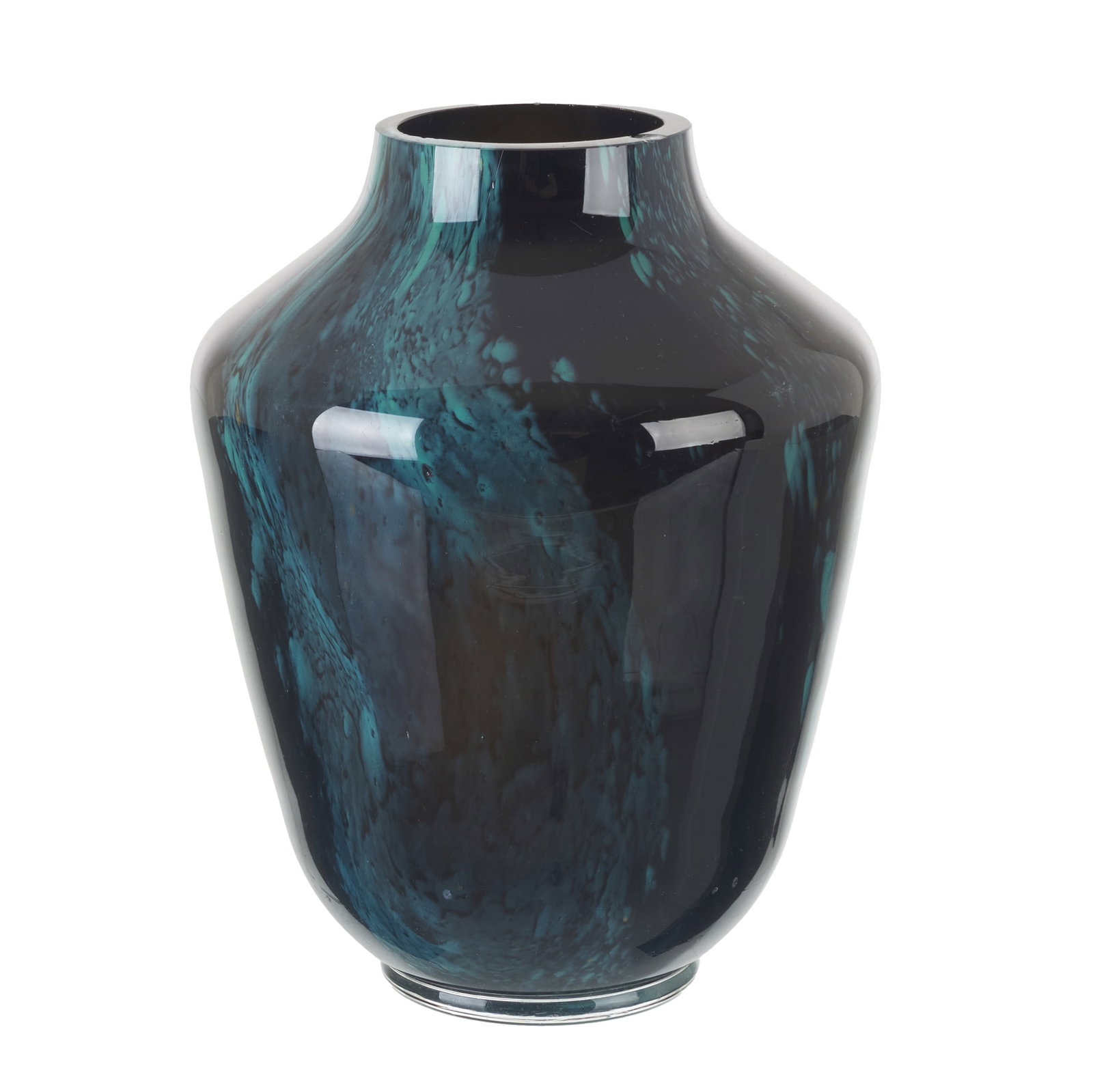 Modernist jug: Portugal, c1990, blown glass, polychrome decoration in shades of petrol blue and green in na abstract pattern. Signs of use. Dim.: 21 cm