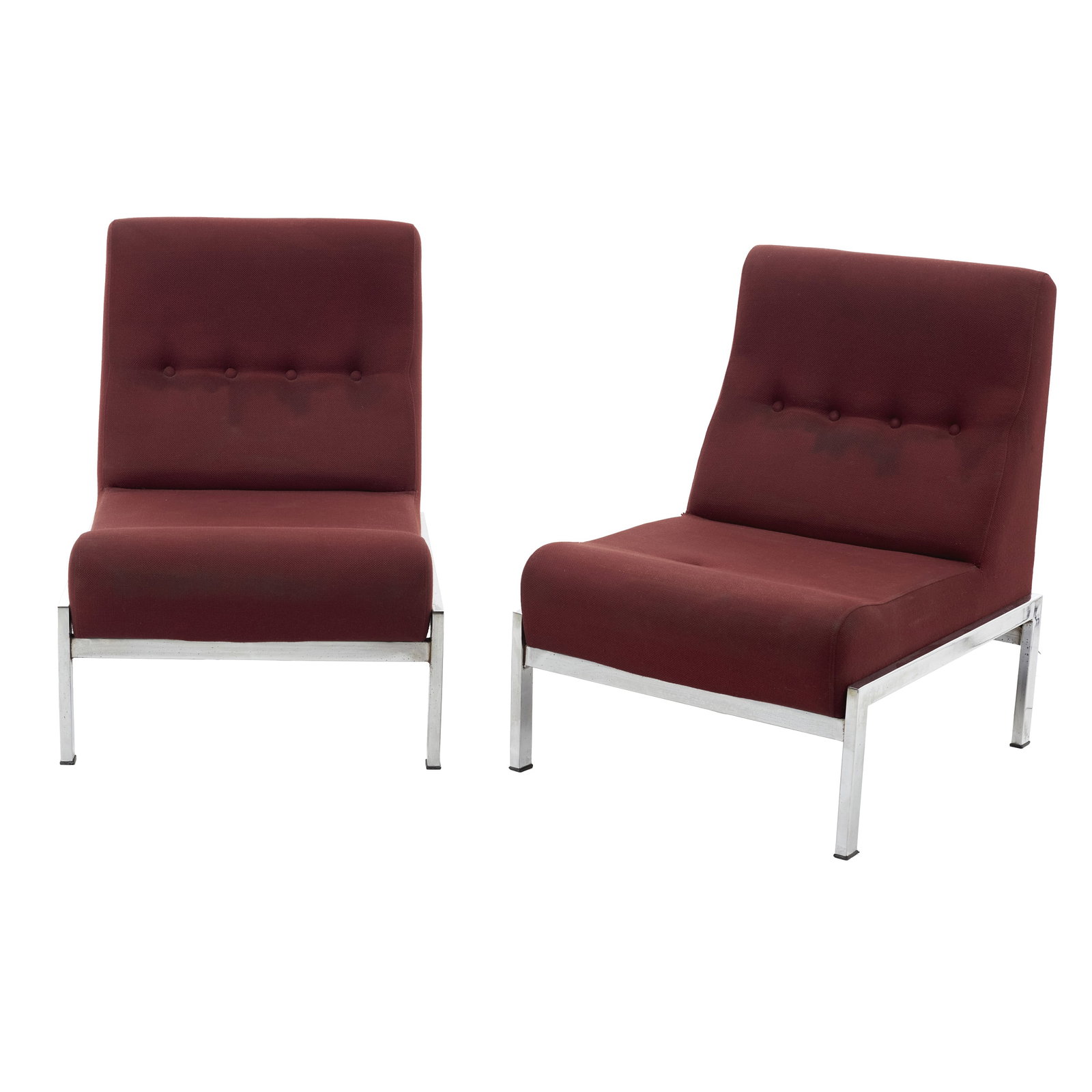 Style by JOSEPH-ANDRE MOTTE (1925-2013) - Pair of Lounge Chairs: Portugal, c.1970, manufactured by Airbone, chromed metal frame, red fabric upholstery. Signs of use, stains on the fabric. Dimensions: 78.5x60x67cm.