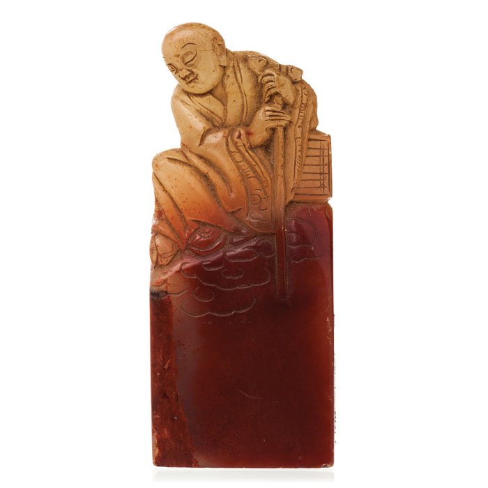 Stamp base Luohan Chinese, Daoguang: China, 19th Century, Daoguang, sculpture Luohan with staff soapstone carving. Dim.: 6cm.