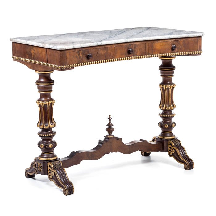 Romantic console: Romantic console, 19th Century, mahogany and other woods, decorative carved and gilded, marble top. Signs of use. Dim:. 87.5 x106x57, 5cm.
