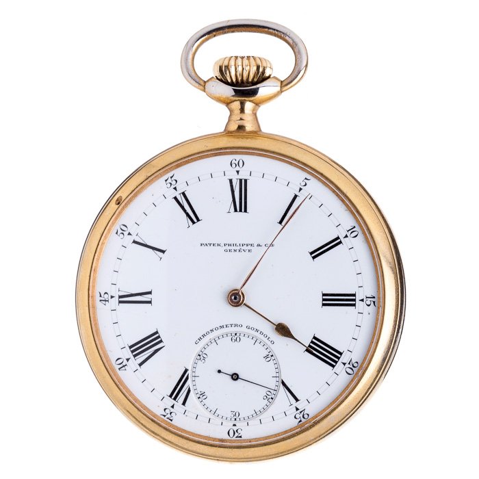 PATEK PHILIPPE - Chronometro Gondolo pocket watch: No. 149501, made for Gondolo, Rio de Janeiro, gilt metal case, dial for seconds, white enamel dial with black Roman numerals. Marked at the dial and at the mechanism. Working. Signs of wear. Dim.:5.5c