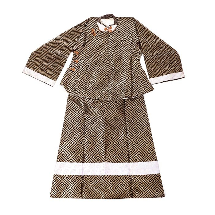 Chinese silk robe: China, Minguo period, woven silk with embroideries, geometric pattern decoration.