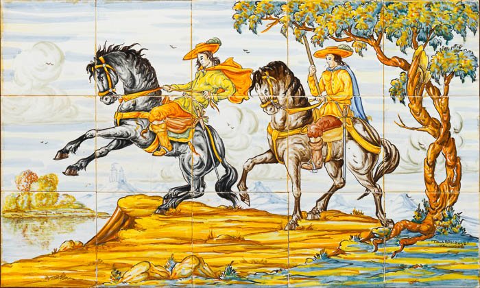 Tile panel in faience from Talavera: Tile panel in faience from Talavera Panel made up of fifteen tiles, polychrome decoration representing a 'horse scene', marked 'Talabricense Talavera'. Framed. Dim.: 45x74.5 cm.