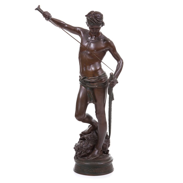 MARIUS-JEAN ANTONIN MERCIÉ (1845 -1916 ) - 'David: Sculpture in patinated bronze, signed at the base, mark of foundry 'F. Barbedienne'. Dim.:91cm.