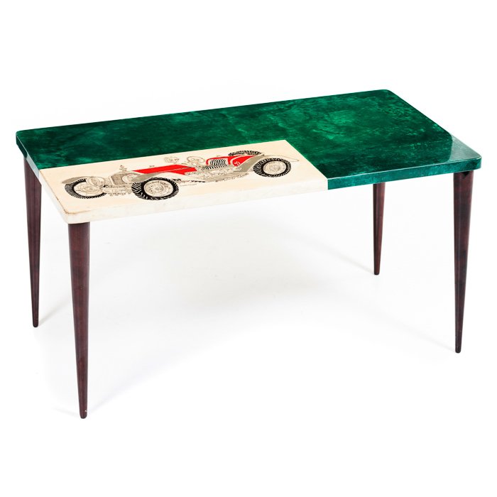 ALESSANDRO MENDINI (born in 1931) - Modernist supp: Italy, c. 1960-70, wooden feet, top lined with painted parchment, decorated with a serigraphy, signed. Signs of wear. Dim.: 41x38x80 cm.