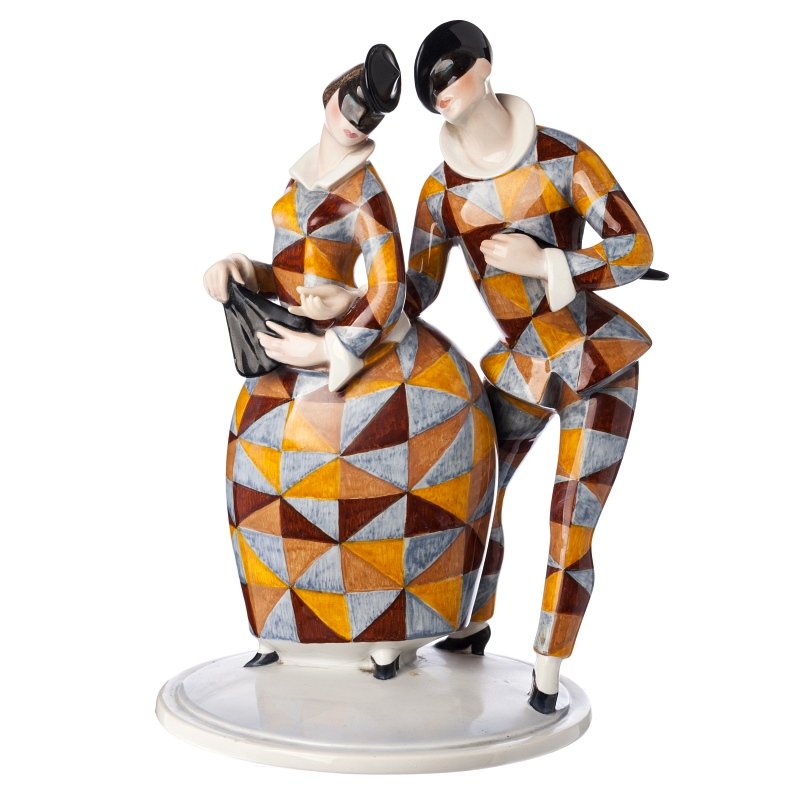 LENCI - Sculpture in ceramic 'Pierrot and Columbin: Italian sculpture in glazed polychrome ceramic. Marked and dated'15-4-32'. Small hairline on the base. Dim.: 34,5cm.