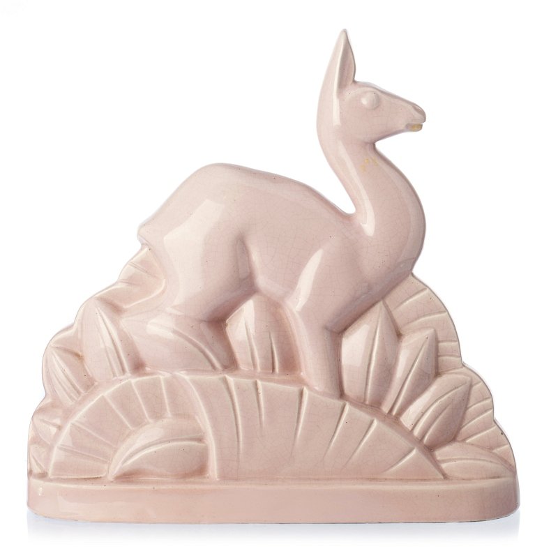 Deer sculpture 'art deco': French ceramic sculpture 'St Clement' art deco style, decor monochrome glazed. Marked and dated 1987. CraquelÃª, small restoration on the base. Dim:. 32cm.