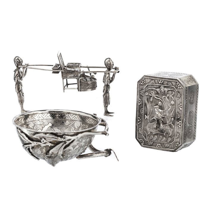 Box, bowl and figures with rickshaw in Chinese sil (1 of 1)