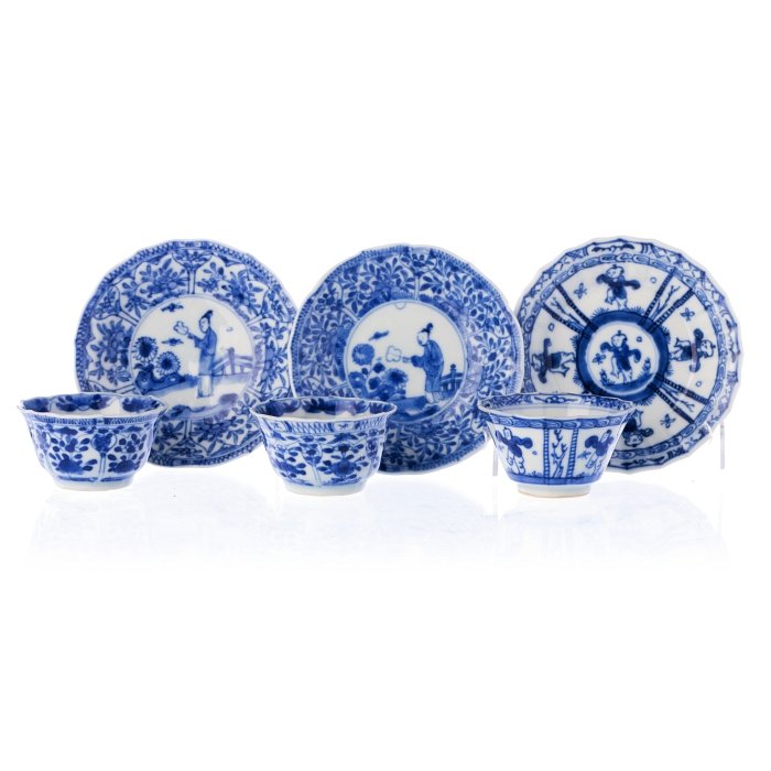 Three blue-on-white teacups and saucers, 'figures' (1 of 1)