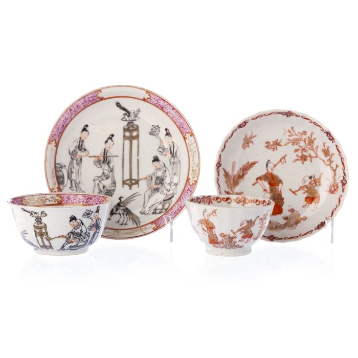 Two teacups with saucers 'figures and erudites' in (1 of 1)