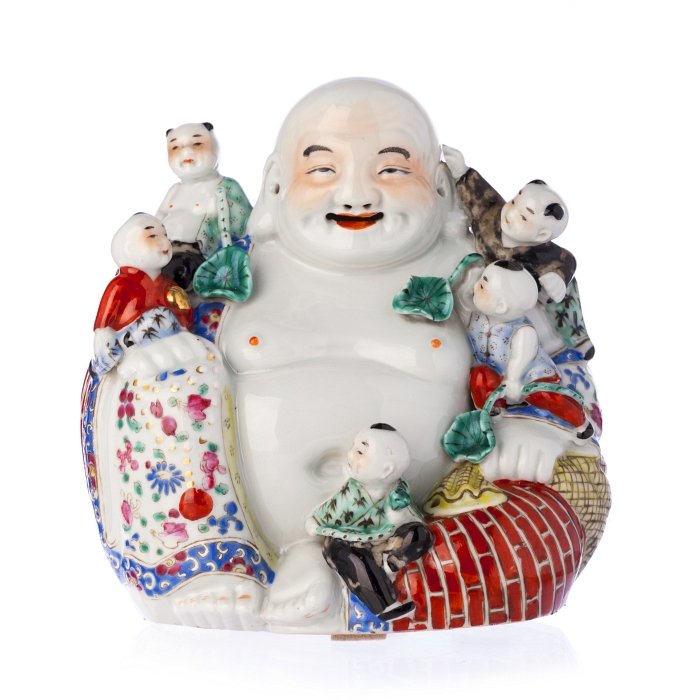 Smiling Buddha with children in Chinese porcelain, (1 of 1)