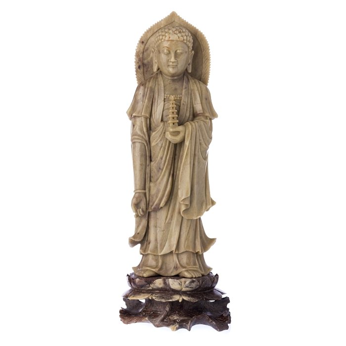 Chinese Bodhisattva in soapstone: China, RepÃºblic period, sculpture in soapstone representing Bodhisattva holding a pagoda. Dim.: 35,5cm.