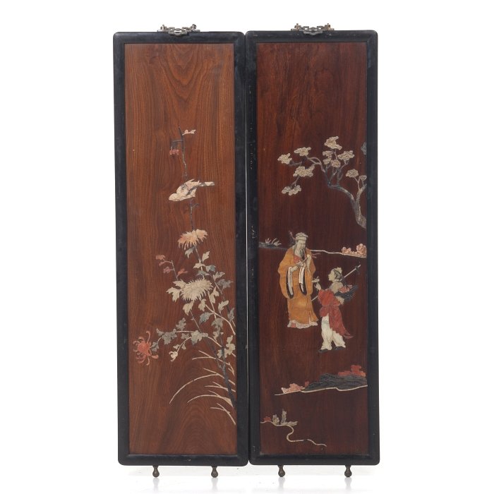 Pair of figurative Chinese plaques with hard stone (1 of 1)