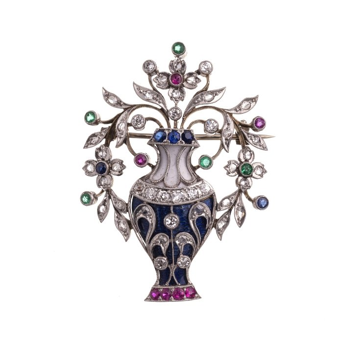 Pin of a vase with flowers, enameled and with stones (1 of 1)