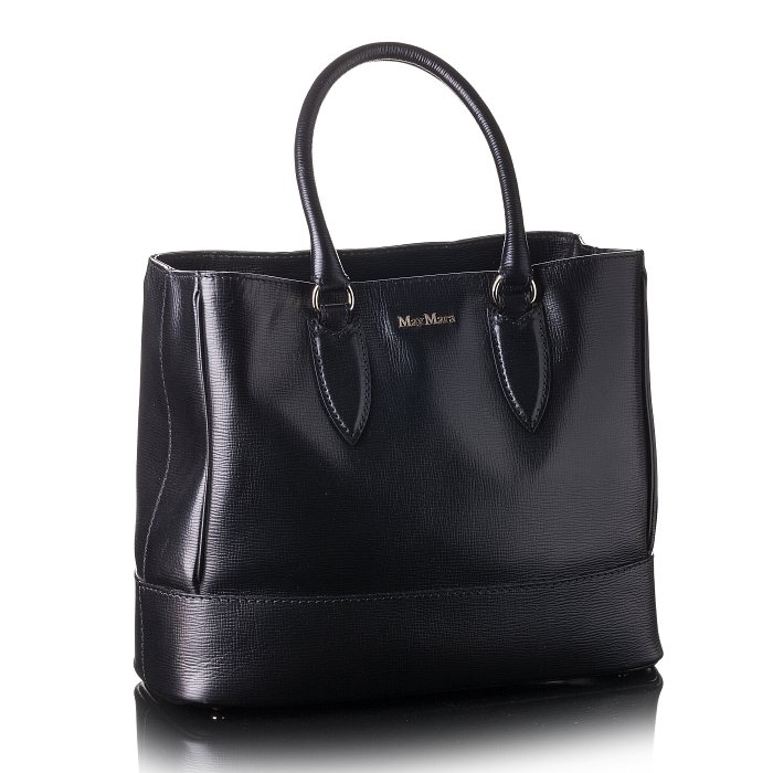 MAX MARA - Muschio purse: Purse in black leather with short strap (44cm). Golden mark on the outside, with label, Italy. Dim. approx.:19x36cm.