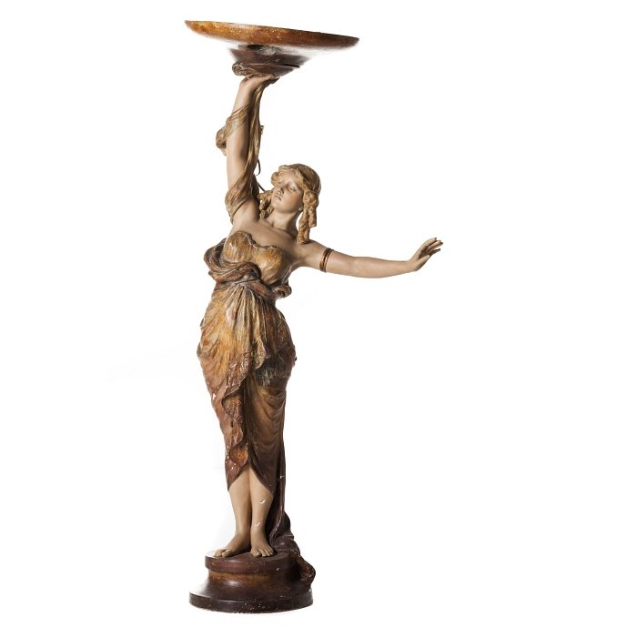ADOLPHE JEAN LAVERGNE (1852-1901) - Figurative art: Sculpture in polychrome terracotta representing a female figure holding a bowl, signed, marked next to the foot. Electrified. Slight losses and defects. Dim.: 131 cm.