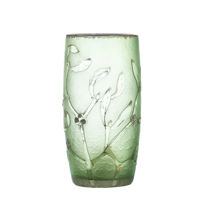 DAUM NANCY - Cameo Glass Vase 'Holly': France, c.1905, colorful frosted glass with acid-etched, gilt and enamel holly decoration, signed 'Daum Nancy' with Croix de Lorraine. Dim .: 12,3cm.