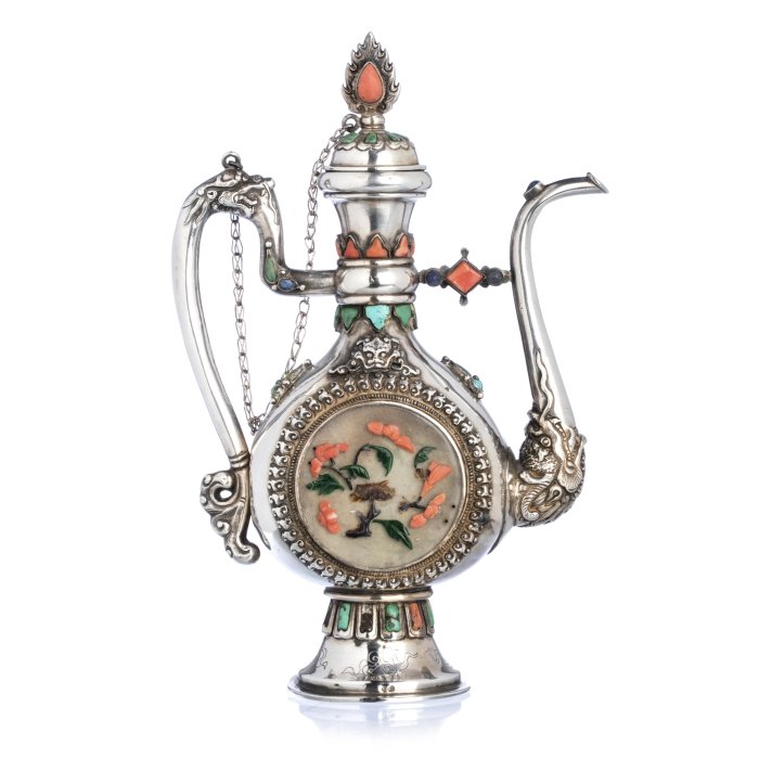 Tibetan Silver Teapot with Jade, Turquoise and Coral, (1 of 1)
