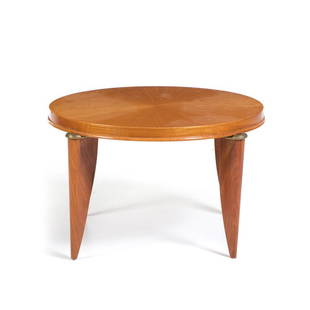 MAURICE JALLOT (1900-1971) - Low table: France, c.1920, Side table with marquetry in satin wood and applications in yellow metal, stylized legs. Dim.: 41x70cm.