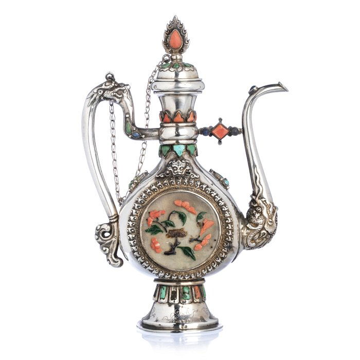Tibetan Silver Teapot with Jade, Turquoise and Coral, (1 of 1)