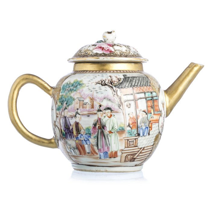 Chinese porcelain figures and birds teapot, Qianlong (1 of 1)