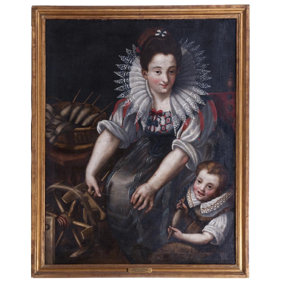 ITALIAN SCHOOL, 16th/17th century - 'Dobando o linho': Oil on canvas, attributed to Bernardino Campi (1522-1592). Slight repainting work, relined. Dim.:110x86cm.