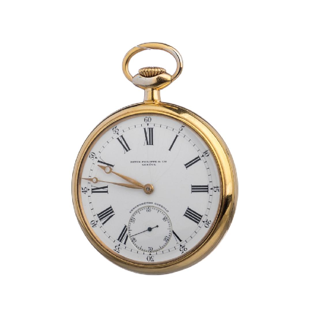 PATEK PHILIPPE - Metal pocket watch: Case in metal with gold plaque, mechanical movement, dial on a white background, functioning, not reviewed. 20th century, signs of wear. Dim.: 5,5 cm.