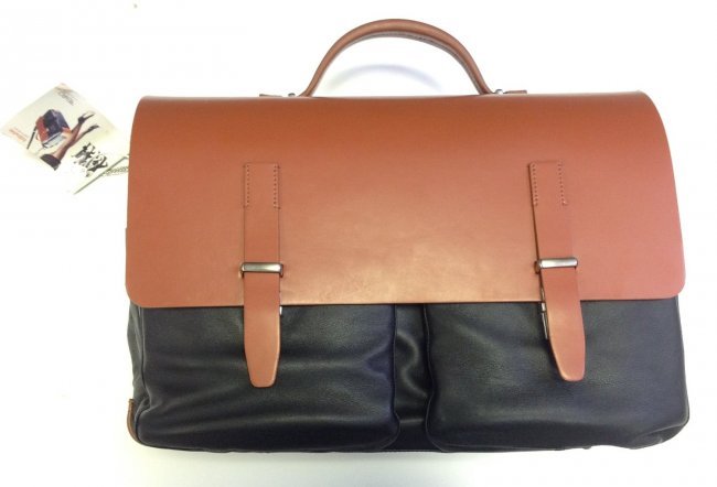 Intempo Firenze Italy Followme Borsa a DUE CON DUE Gran: Intempo Firenze Italy Followme Borsa a DUE CON DUE Grandi Tasche 17 X 12 X 7 Briecase ALL Leather Brown and Black Briefcase Made with Italian Vacchetta Leather.loc 15-b