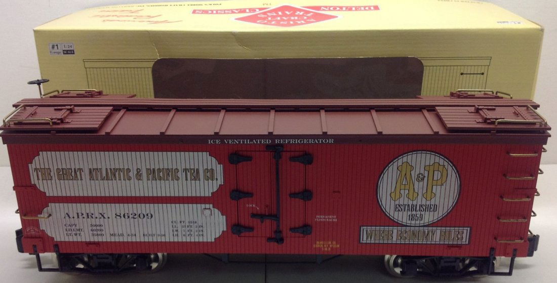ARISTO-CRAFT TRAINS, ART-86209, A&P, A&P FOODS, WOOD RE: ARISTO-CRAFT TRAINS, ART-86209, A&P, A&P FOODS, WOOD REEFER CAR "G" SCALE TRAIN CONDITION: C-10 , BRAN NEW IN ORIGINAL BOX
