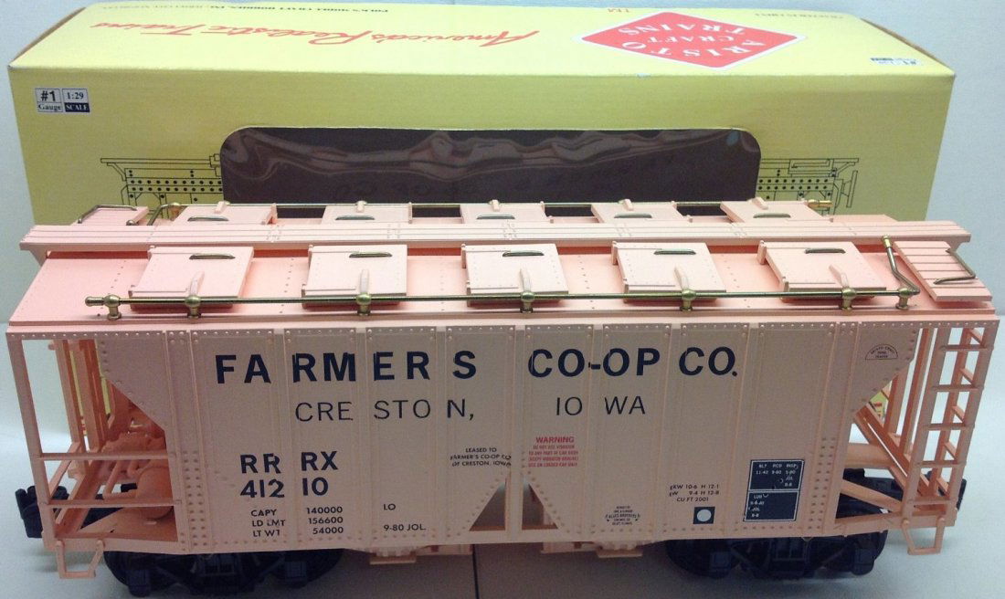ARISTO-CRAFT TRAINS, ART-41210, FARM, FARMER'S CO-OP, 2: ARISTO-CRAFT TRAINS, ART-41210, FARM, FARMER'S CO-OP, 2 BAY COVERED HOPPER CAR "G" SCALE TRAIN CONDITION: C-10 , BRAND NEW IN ORIGINAL BOX