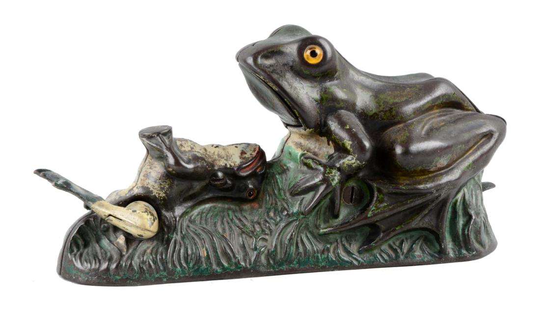 J. & E. Stevens Cast Iron Two Frogs Mechanical Bank. (1 of 3)