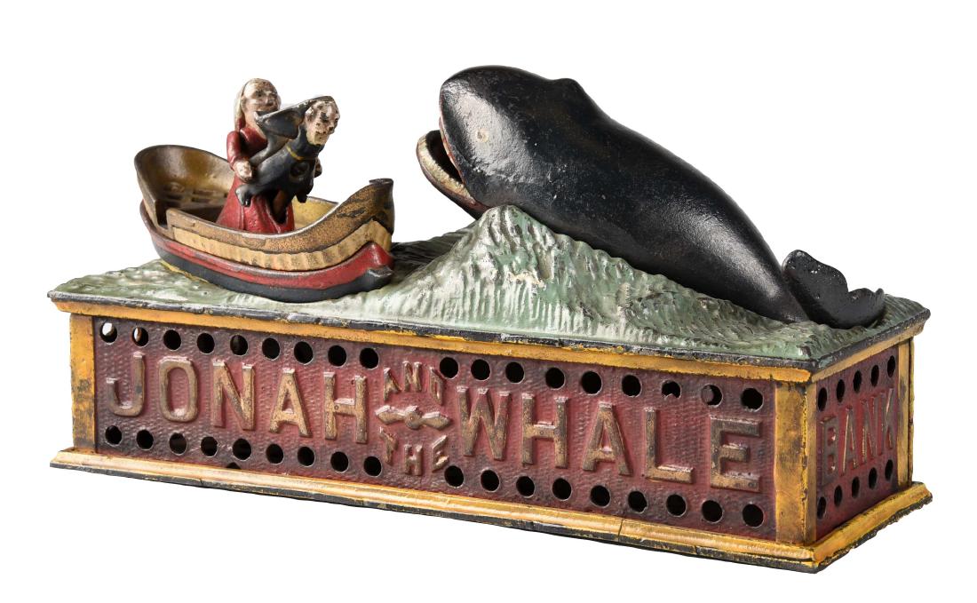 Shepard Hardware Cast Iron Johah & Whale Mechanical: Place coin on tray above Jonah. Press the lever and the main throws Jonah forward as if to throw him overboard. The coin slides off into the open mouth of the whale. Release the lever and the mouth mo