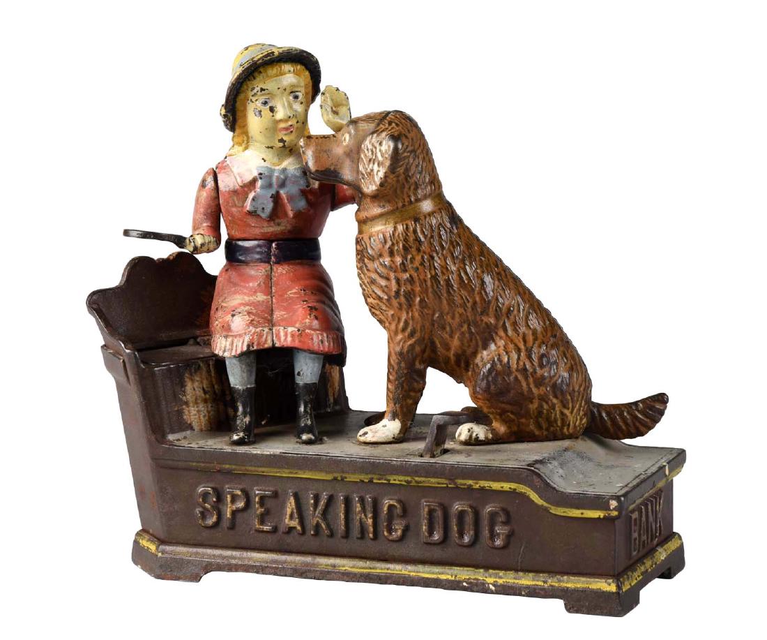 J. & E. Stevens Cast Iron Speaking Dog Mechanical Bank. (1 of 3)