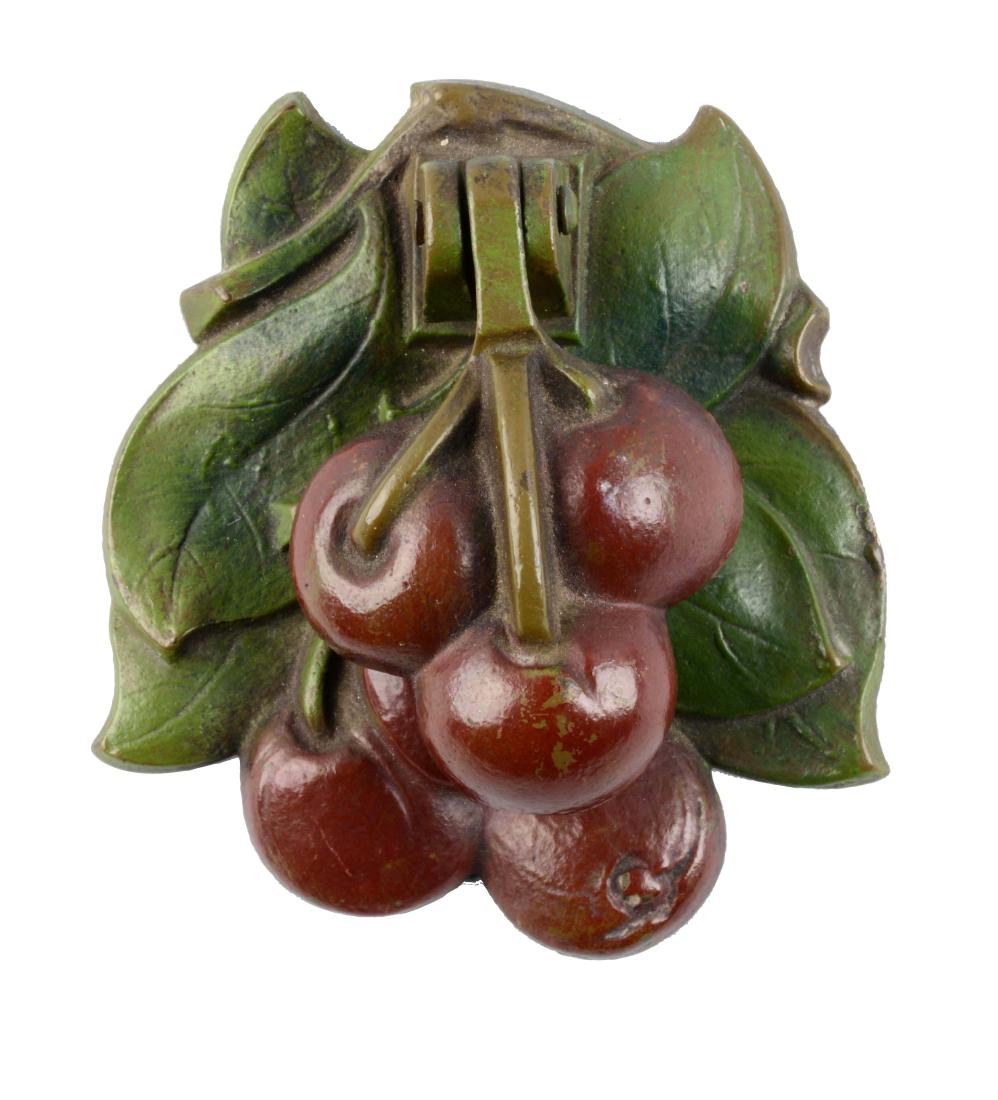 Cast Iron Cherries Doorknocker.: Judd Company. Portrays hanging bunch of cherries. (Excellent). 3" x 3 -1/4".
