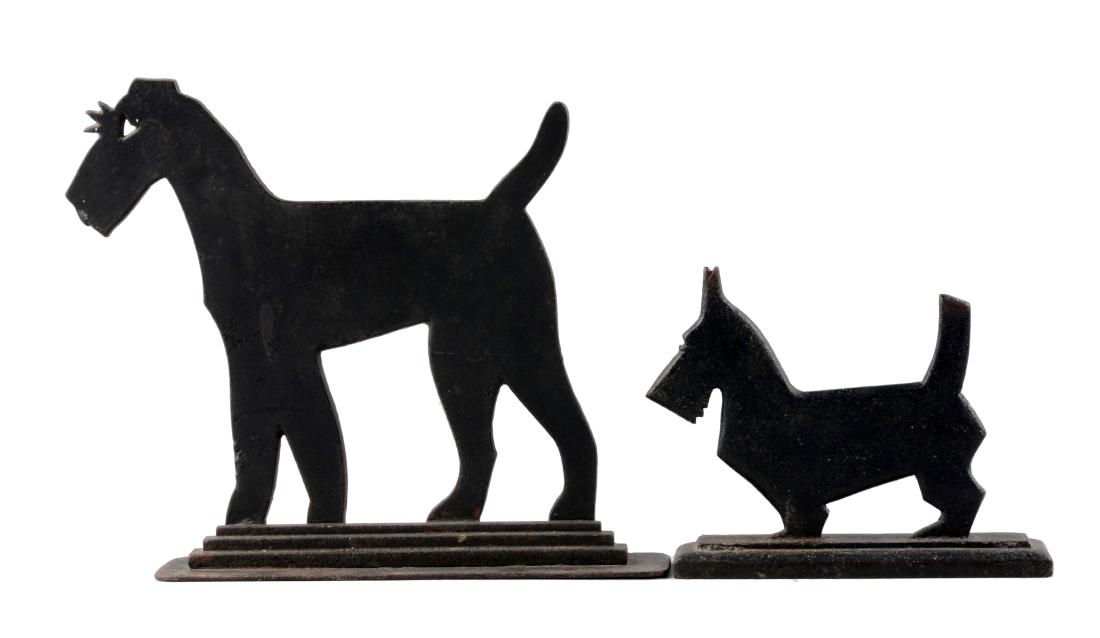 Lot Of 2: Cast Iron Standing Scottie Dog Doorstops.: Each standing on rectangle base. (Excellent). Largest : 14" x 12".