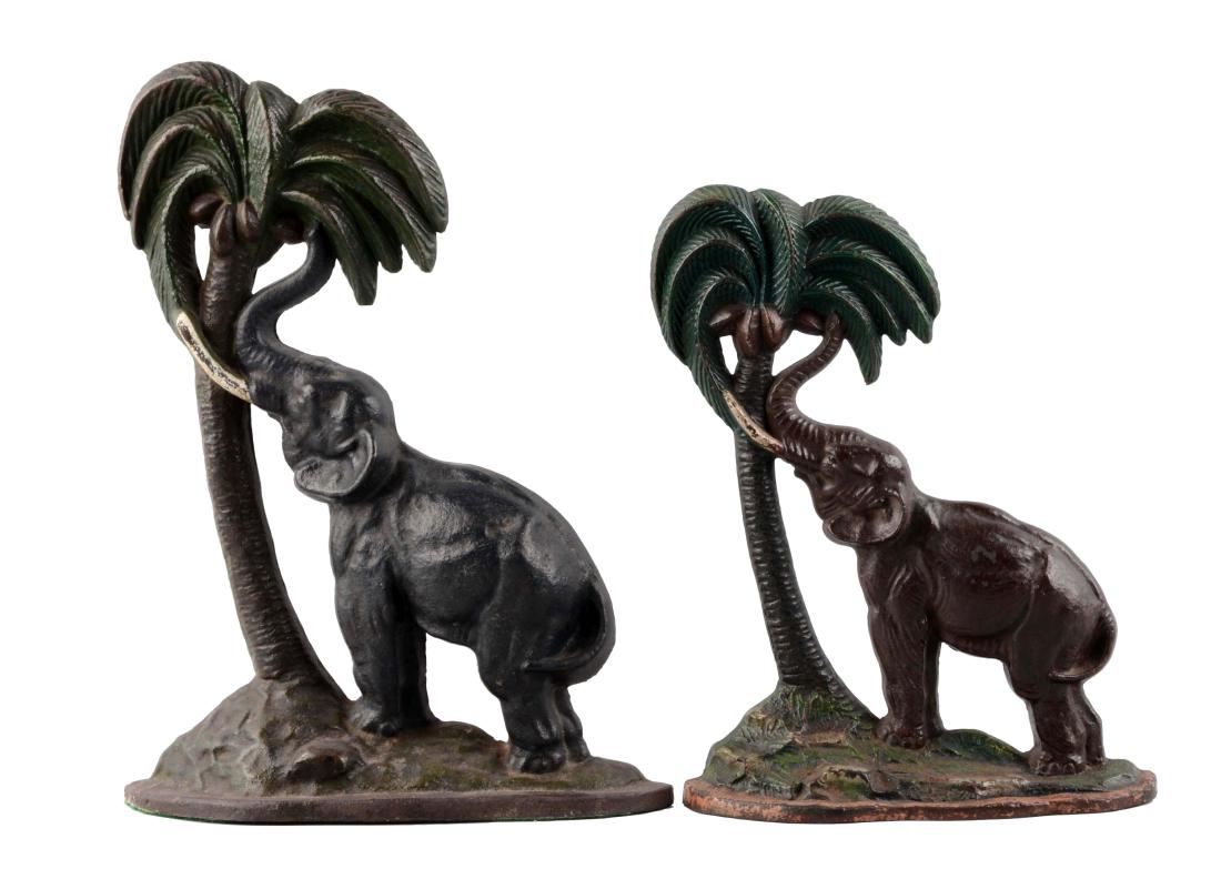 Lot Of 2: Cast Iron Elephant By Palm Tree Doorstops. (1 of 2)