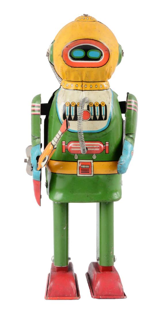Japanese Tin Litho Interplanetary Explorer Robot.: Made by Naito Shoten. Looks to be an original chest spring. Gun is complete and also original. Marked "AN Japan" on rear oxygen tanks. General scratching throughout. (Very Good). 8" t