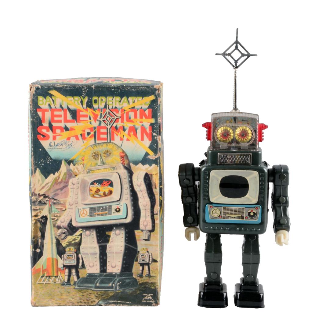 Japanese Tin Litho Battery Operated Television: Includes original box with insert. Box has some creasing and wear with some pen writing on the front. Robot has original antenna and plastic dome which has no cracks. Works well. When in operation che