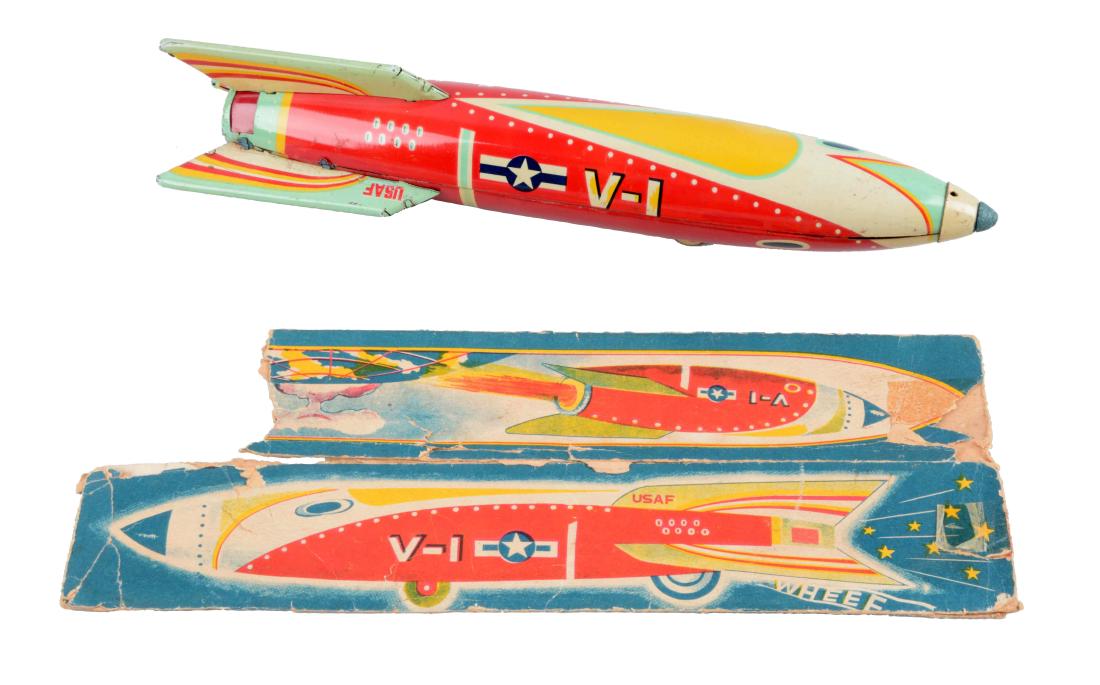 Japanese Tin Litho Friction V-1 Sparkling Rocket. (1 of 2)