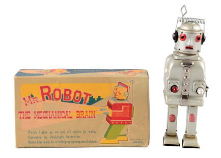 Japanese Tin Litho Wind Up Mr. Robot the Mechanical: Includes the original box with original instruction sheet inside. Box has some minor creasing and edge wear. Made in Japan by Alps. Original antenna. Robot has some scratching, mostly to the head and