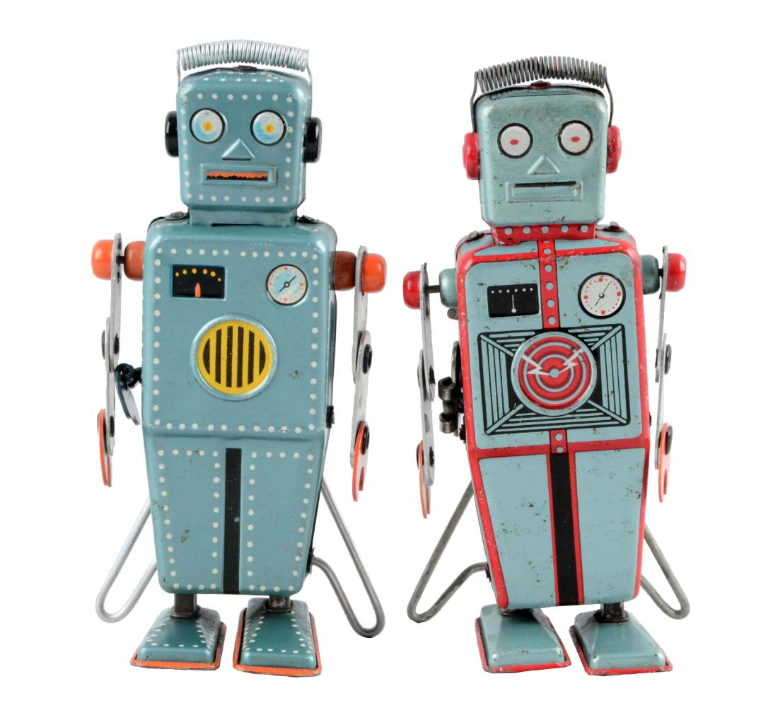 Lot of 2: Japanese Tin Litho Wind Up Easel Back Robots. (1 of 2)