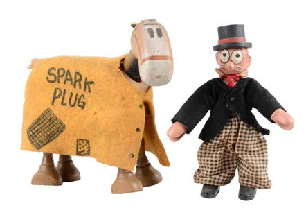 Schoenhut Barney Google & Spark Plug Figures.: Original blanket on Spark Plug with tail and ears. Original clothing to Barney Google. Nice match pair. Marked "Copyright 1922 King Features Syndicate" on bottom of Barney's foot. (Very Good - Excelle