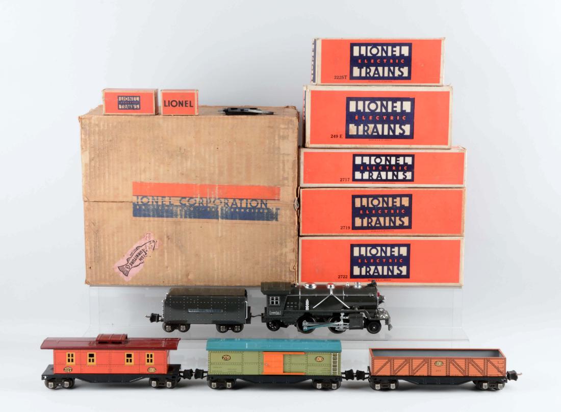 Lionel Pre-War O Gauge Tin Plate No. 249 Freight Train: Includes original set box. Box looks complete but does have some creasing and paper tearing on one side of label. Cannot see set number. Set includes gun metal 249E steam-type engine with cow catcher,