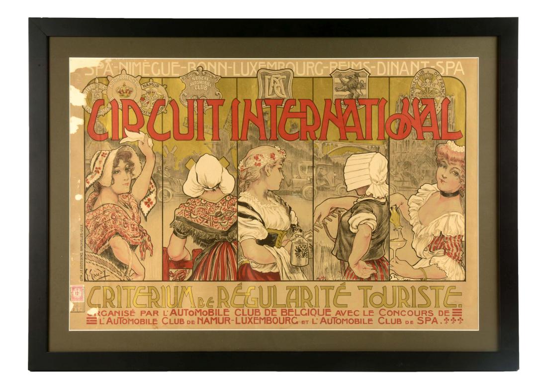 Circuit International Automobile Lithographed Poster.: Poster is framed behind glass. The Lithograph was done by J.E. Goossens, Bruxelles-Lille. The artwork was done by Georges Gaudy. Has a great image that shows five different women in their best outfits