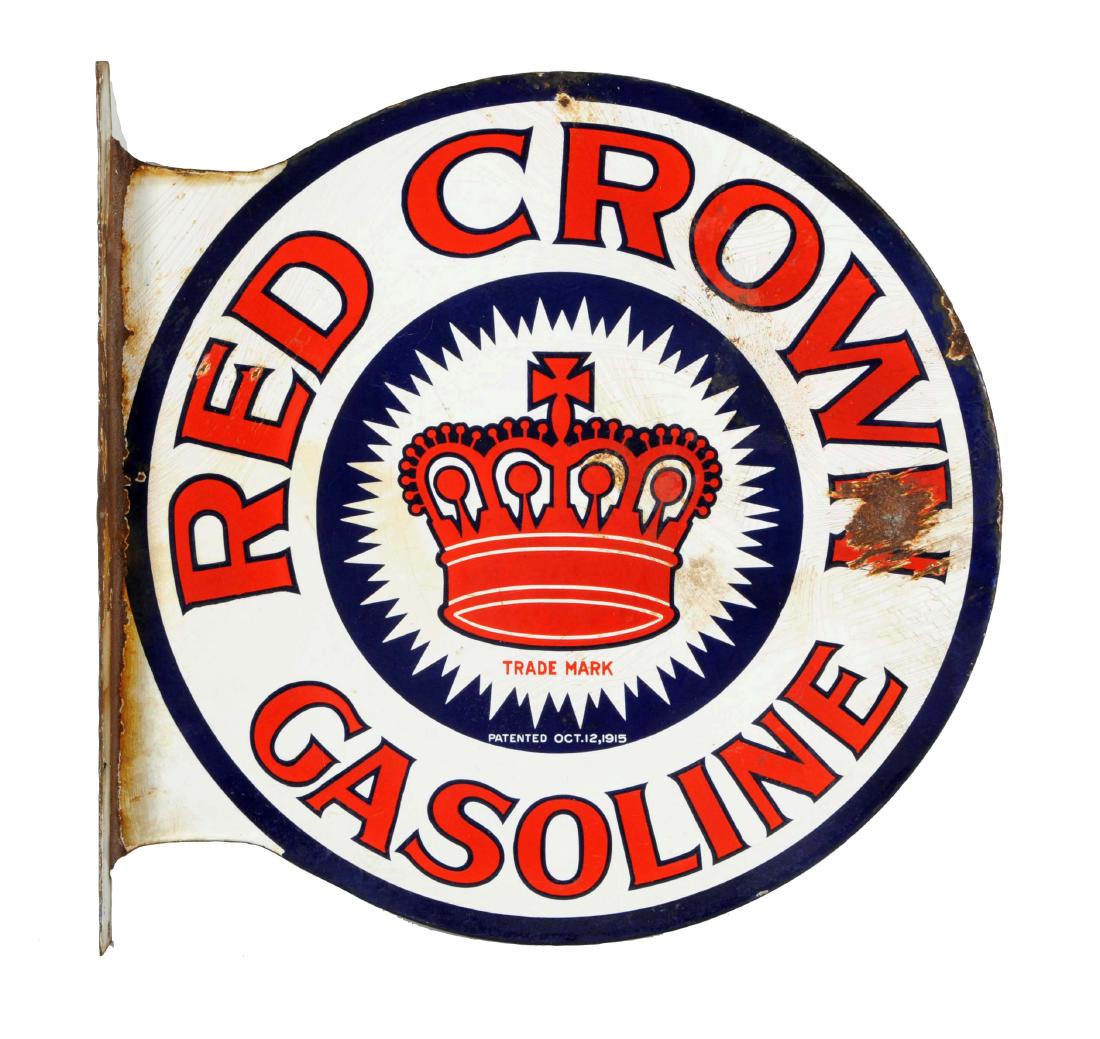 Red Crown Gasoline Porcelain Flange Sign.: Sign has good color and gloss with crazing and chips. Reverse is worse. Flange has been straighten and bent back. (6.9). 24" x 24".